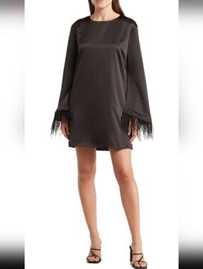Wayf Black Satin Shift Dress with Feather Cuffs, Size L